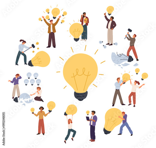 Cartoon characters with lightbulbs above their heads. Light bulb symbolizing ideas. People brainstorming. Creativity and startup success. Sudden inspiration. Glowing lamps. Vector concept