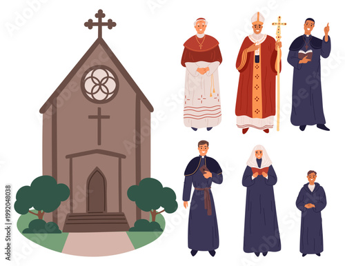Cartoon characters of Catholic Church. Cathedral building. Ceremonial robes. Monks and priests. Catholicism religion. Temple for praying. Abbot with crucifixion cross. Vector elements set