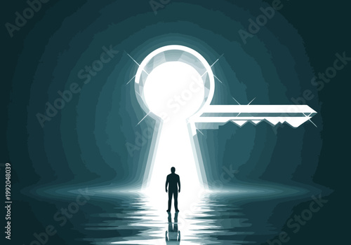 Silhouette of a man standing in front of a giant keyhole shaped portal with a glowing light, representing discovery, opportunity, and success