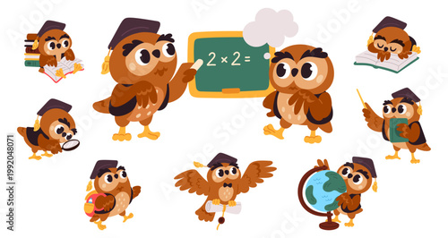 Cartoon character owl. Scholarly bird symbol of education. Funny animal mascot wearing graduation cap. Owlet learning math and reading books. Back to school. Birdie students vector set