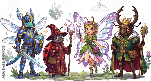 Fantasy Insect Royal Characters Cartoon Illustration Set Featuring Dragonfly Knight Ladybug Wizard Fairy Princess Stag King Editable Vector Collection