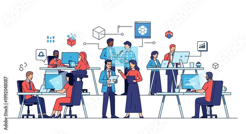 A diverse group of people working together in an office setting with computers.