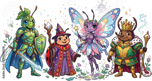 Fantasy Insect Royal Characters Cartoon Illustration Set Featuring Beetle Knight Ladybug Wizard Butterfly Fairy Ant King Editable Vector Collection