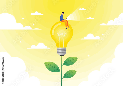 A person sitting on a glowing light bulb growing like a plant in a sunny sky with clouds, concept of innovation and creativity