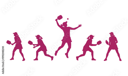 Pickleball Player Silhouettes Action Set Women Athletes Vector