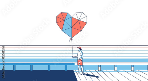 Person holding a geometric heart balloon on a pier, summer vacation, love, freedom
