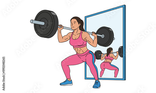 Woman doing barbell squats in front of mirror illustration