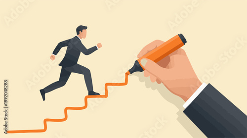 Hand drawing stairs for businessman's career progress and ambition