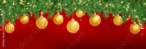 Green fir branches with glitter balls, stars, golden light and berries frame. Merry Christmas garland. New Year red card. Winter Holiday background. Xmas evergreen plant banner. Vector illustration