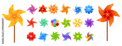 Bright summer spinning toys. Children rotating fans. Breeze mills. Kids propellers with various shape blades. Plastic ventilators. Color vanes rotation. Vector set of paper windmills