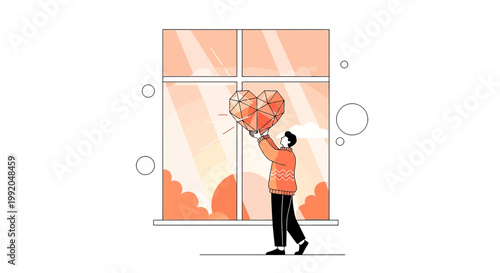 Person holding geometric heart against window with sunrise, abstract love concept