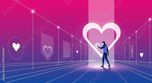 Person Interacting with Digital Heart Icons in Futuristic Neon Grid Environment