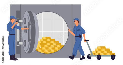 Bank security guard stands near metal door of vault. Man is carrying gold bars into vault. Steel strongbox lock. Finance storage. Banking security. Golden deposit on cart. Vector concept