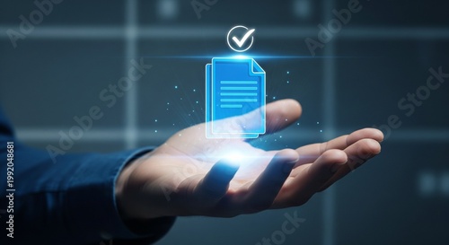 Hand holding digital document with checkmark icon, concept of verification and approval