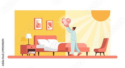Person holding glowing heart in bedroom at sunrise, symbolizing love, health, and new beginnings.