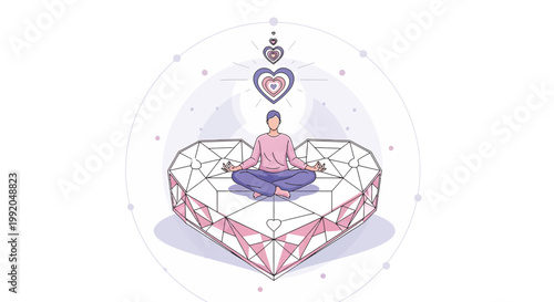 Person Meditating on Geometric Heart, Inner Peace, Spiritual Growth, Mindfulness, Love Concept
