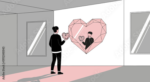 Person Holding Heart Shape Reflecting Love and Self-Acceptance in Mirror