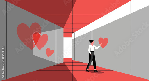 Person in Abstract Hallway with Hearts: Love, Connection, Modern Art