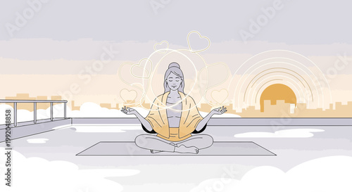 Person Meditating on Rooftop with Sunrise and Abstract Heart Shapes