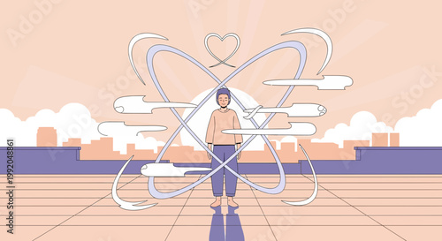 Person in abstract atomic orbit with heart above, symbolizing love, science, and mental well-being