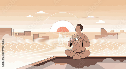 Person Meditating on Rooftop at Sunrise, Feeling Inner Peace and Connection
