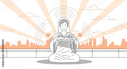 Person Meditating with Chimes, Sending Love and Positive Energy to City