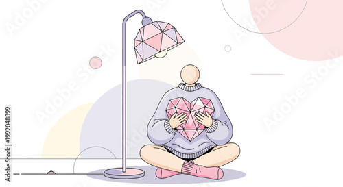Person meditating with a glowing geometric heart under a lamp, symbolizing self-love and inner peace.
