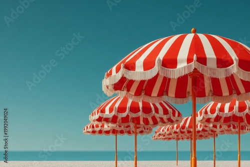 vintage striped beach umbrellas against blue sky. Generative AI