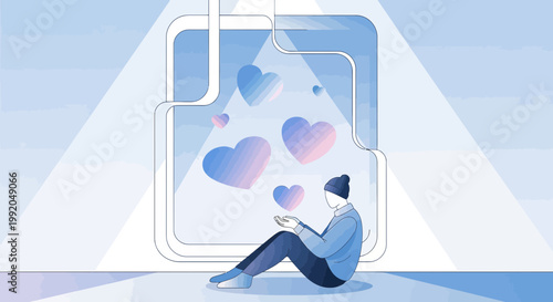 Person in isolation holding phone with glowing hearts emerging from screen, digital love concept