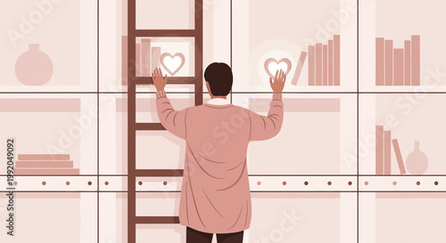 Person on Ladder Reaching for Books with Heart Symbols on Shelf