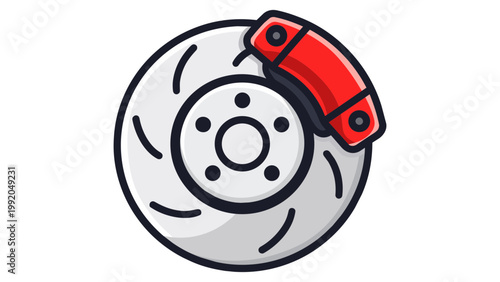 Modern flat vector icon of a high-performance car brake disc with a red caliper, featuring a slotted rotor design, isolated on a white background for automotive and mechanical repair concepts.