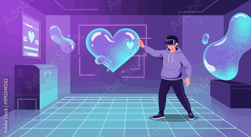 Person in VR headset interacting with glowing abstract heart in futuristic digital art gallery