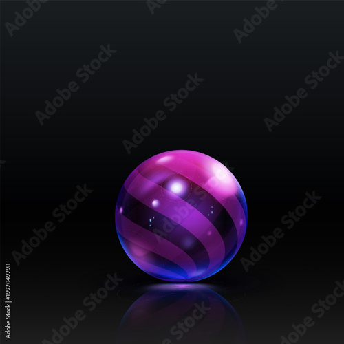 Realistic 3D glass ball with striped pattern and glares, vector transparent volume sphere holographic effect, reflection