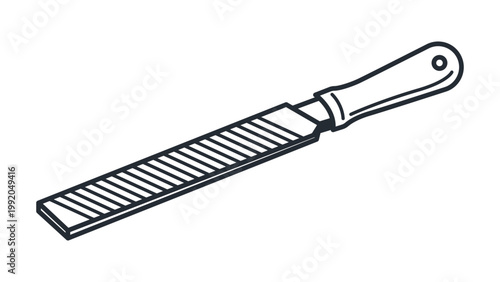 Minimalist Black Line Vector Icon of a Flat Metal File for Woodworking and Metalworking, Hand-Drawn Outline Illustration with Editable Stroke on White Background, Scalable Industrial Hand Tool.