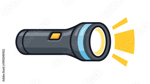 Modern flat vector icon illustration of a handheld flashlight emitting a bright yellow beam of light, isolated on a white background for search, emergency, camping, and utility design concepts.