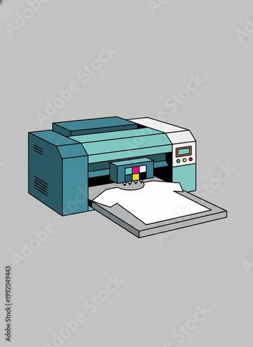 Digital textile printer with colorful ink cartridges printing on a white fabric sheet