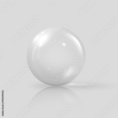Realistic 3D transparent glass ball with white glares and shadow reflection, vector volume crystal bubble, glossy sphere