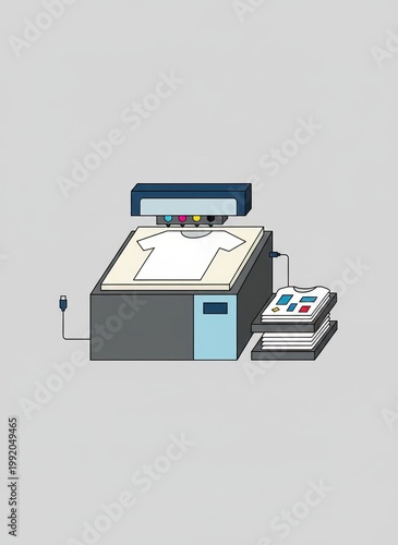 Digital textile printer with white t-shirt design and color swatches on gray background