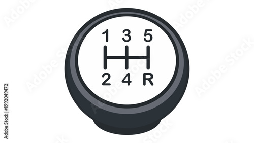 Manual gear shift knob vector icon illustration. A modern flat design of a car transmission stick shifter with five speeds and reverse gear pattern isolated on a white background for automotive.