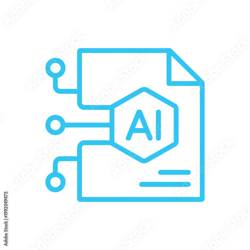 Abstract blue artificial intelligence document with data network connections and hexagonal ai symbol technology science.