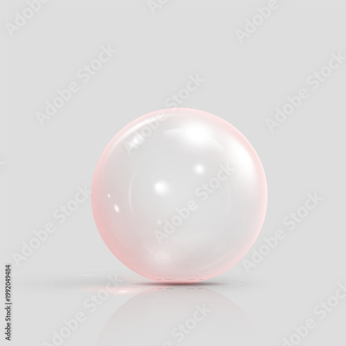 A soft pink transparent glass sphere with highlights, shadow, and reflection.