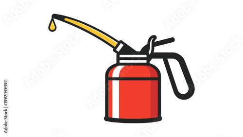 Red oil can vector icon illustration with a drop of lubricant, modern flat design for industrial maintenance, automotive repair, and mechanical lubrication, isolated on white background.