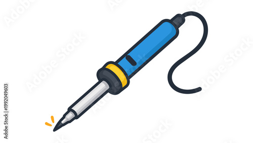 Modern flat vector illustration of a professional soldering iron wand with a blue handle, yellow ring, and black power cord, isolated on white background for electronics repair and DIY projects.