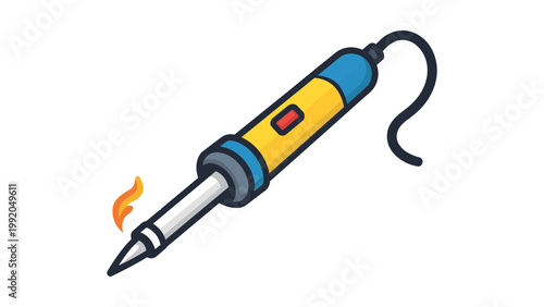 Modern flat vector illustration of a professional soldering iron wand with heat flame and power cord, isolated on white background. Ideal for electronics repair, DIY hobbyist, and engineering.