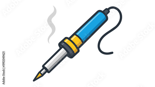 Soldering Iron Vector Icon Illustration: A modern flat design of a professional soldering wand with a blue handle, heating element, and smoke, perfect for electronics, DIY, and repair projects.