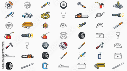 Professional Vector Icon Set Bundle of 49 Hand-Traced Tools and Automotive Parts: C-Clamp, Car Battery, Tire, Brake Disc, Chainsaw, Chisel, Electrical Tape, Flashlight, Wrench, and Soldering Iron.