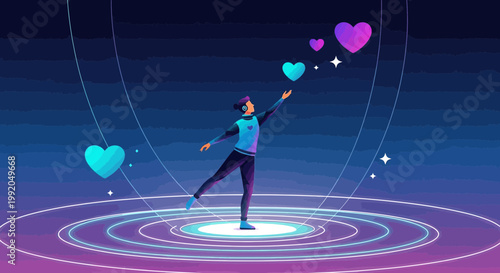 Person Reaching for Glowing Hearts in Futuristic Abstract Digital Space