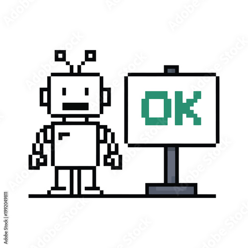 Cute pixel art robot holding sign with ok text symbol on transparent background technology robot digital.