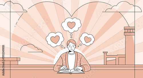 Person Reading Book with Hearts Floating Above, Daydreaming, Love Thoughts, Inspiration