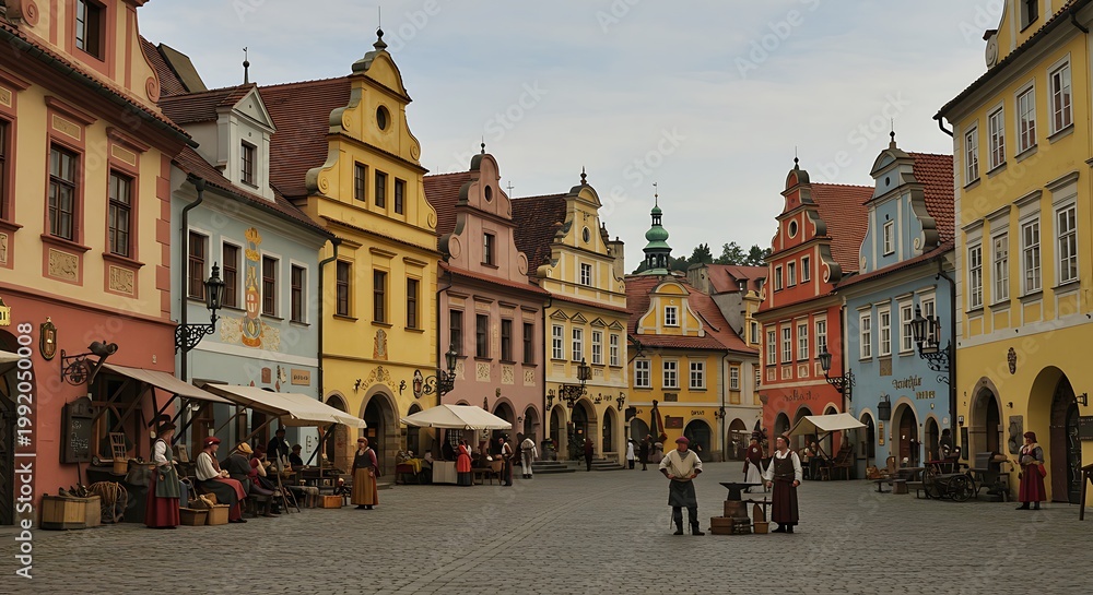 Fototapeta premium Colorful Medieval Town Square with People in Period Costumes